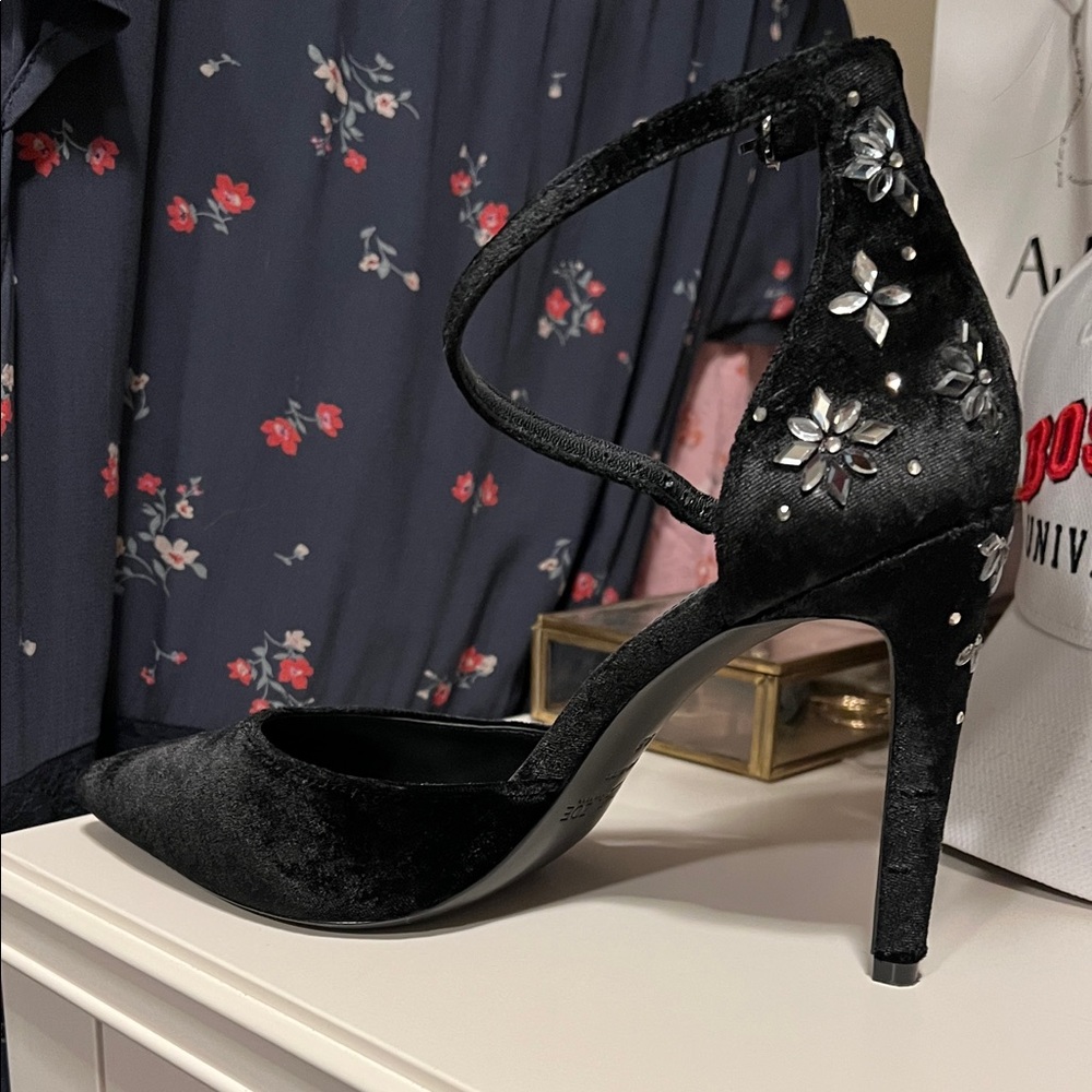 Rachel Zoe Black Velvet Heels with Floral Accents